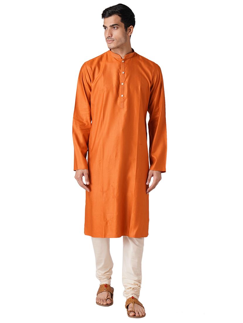 orange silk blend kurta pyjama ethnic wear set - 17424598 - Zoom Image - 0