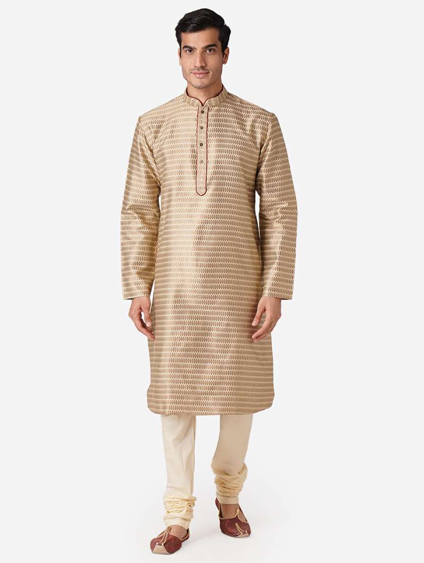 gold silk blend kurta pyjama ethnic wear set - 17424605 - Zoom Image - 0