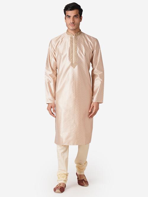 beige silk blend kurta pyjama ethnic wear set - 17424606 - Standard Image - 0