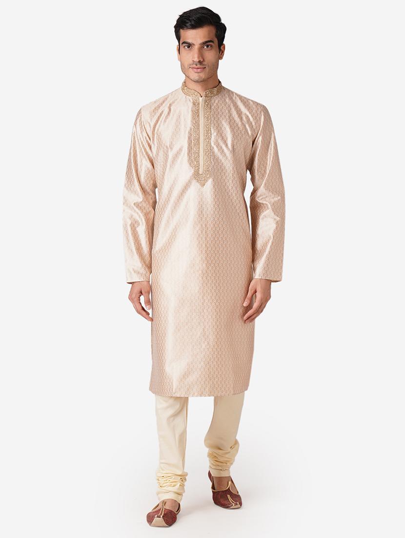 beige silk blend kurta pyjama ethnic wear set - 17424606 - Zoom Image - 0