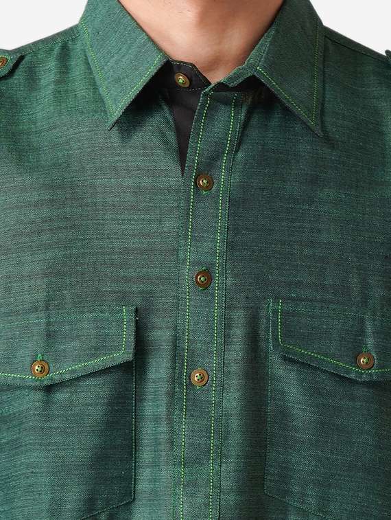 bottle green solid woven pathani kurta - 17424625 -  Standard Image - 3