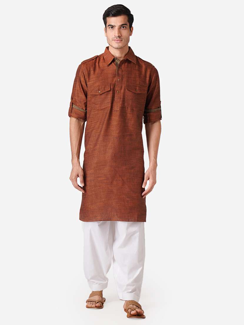 brown solid woven pathani kurta - 17424626 - Zoom Image - 0