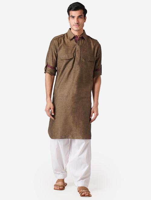 khaki solid woven pathani kurta - 17424627 -  Standard Image - 0