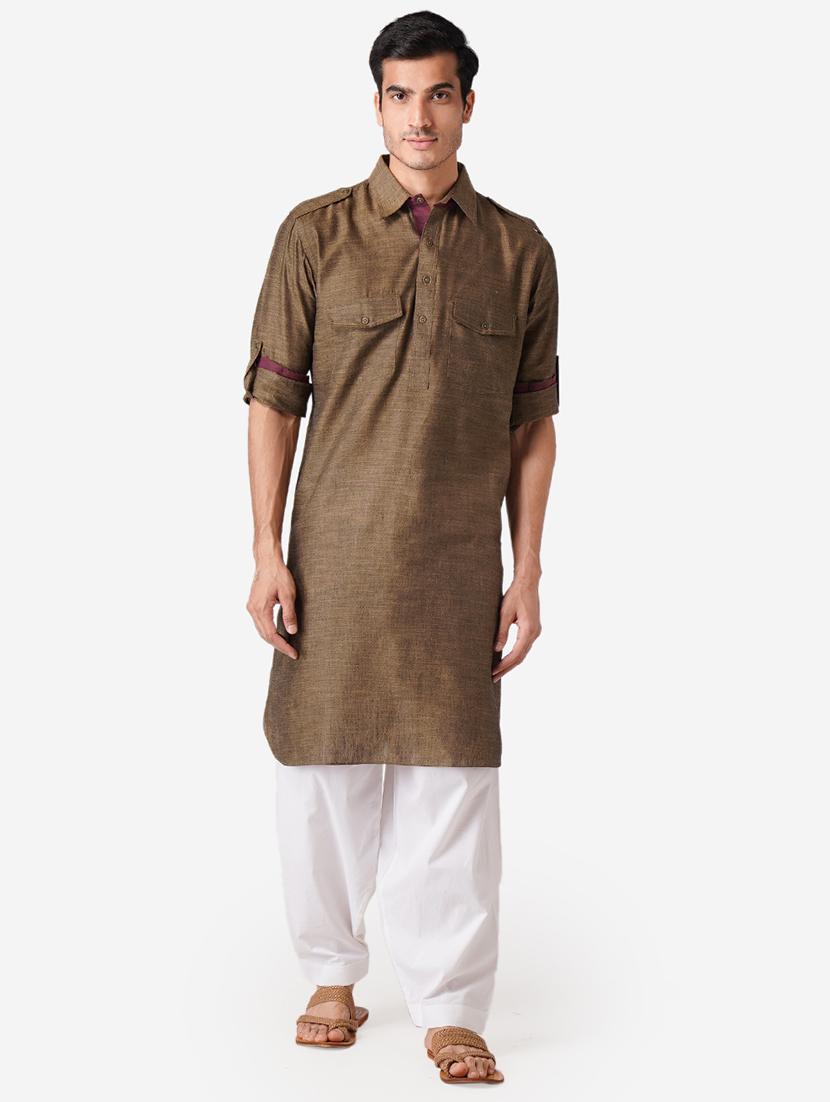 khaki solid woven pathani kurta - 17424627 -  Zoom Image - 0