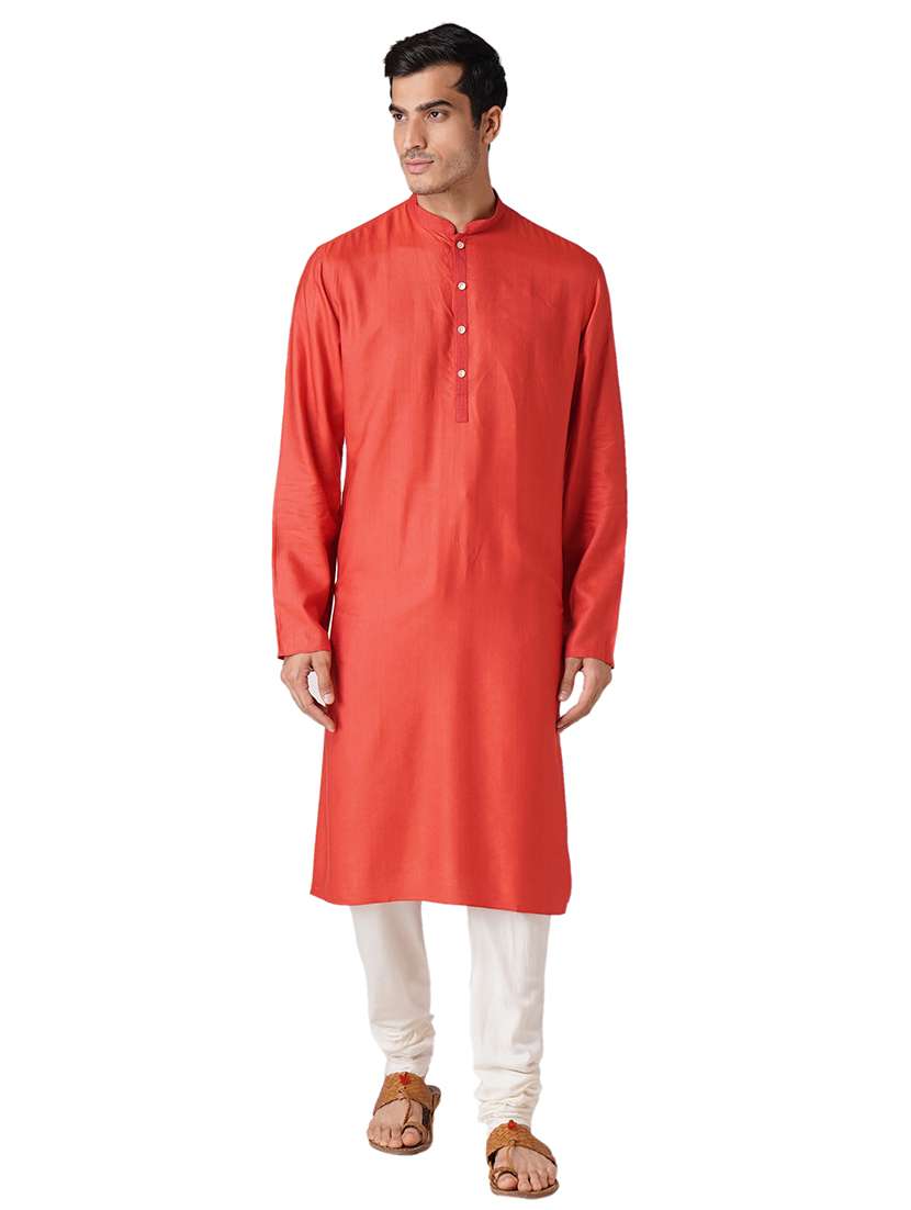 red solid silk blend long kurta  - 17424644 -  Zoom Image - 0
