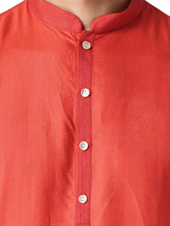 red solid silk blend long kurta - 17424644 - Standard Image - 3