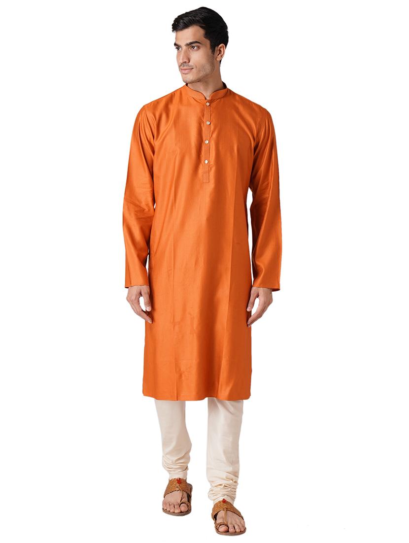 orange solid silk blend long kurta - 17424645 - Zoom Image - 0