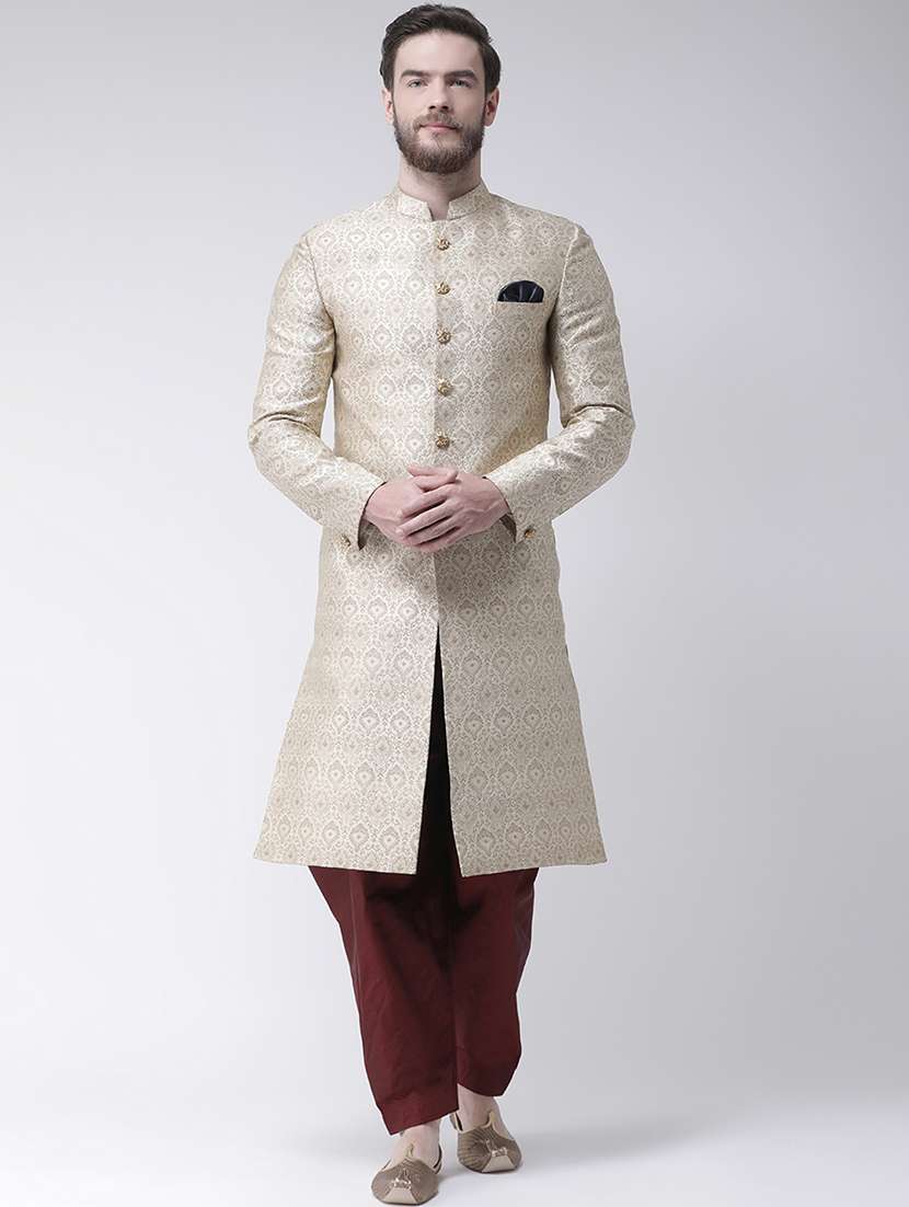 cream jacquard sherwani set - 17425292 -  Zoom Image - 0