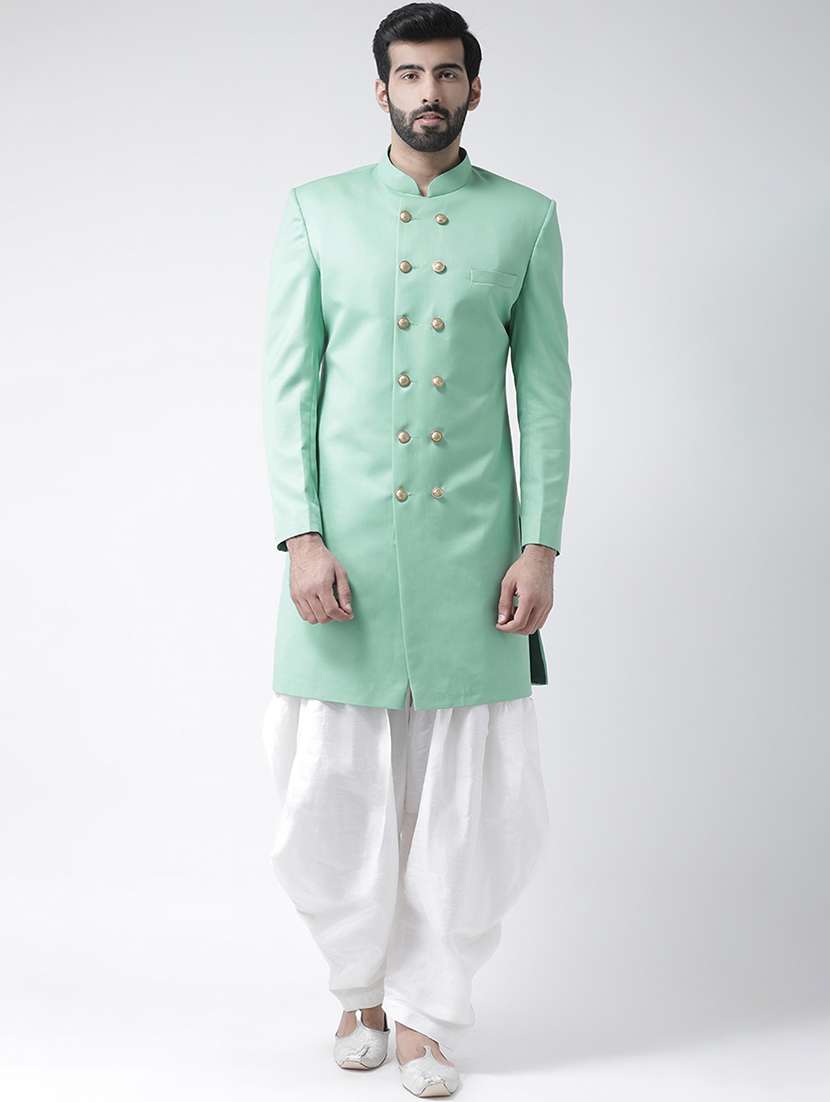 sea green solid sherwani set - 17425320 - Zoom Image - 0