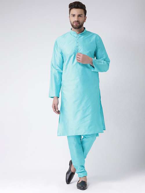 light blue solid silk blend kurta pyjama set - 17425400 -  Standard Image - 0