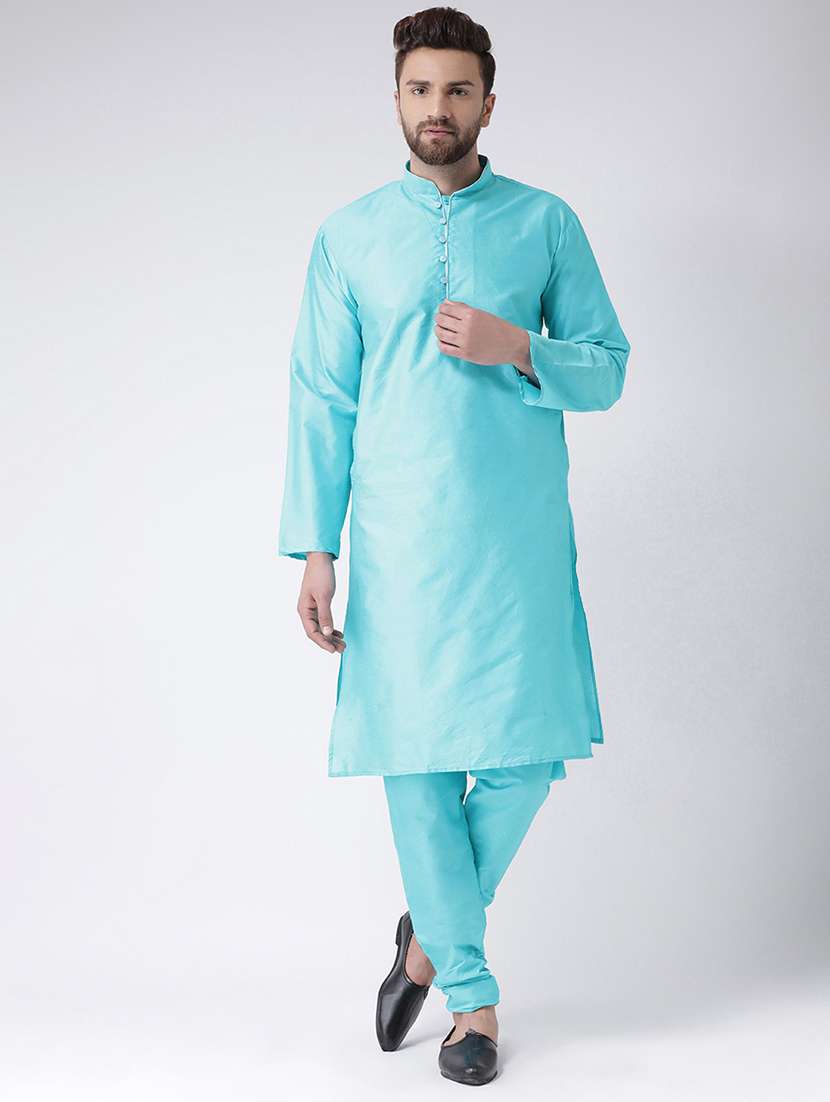 light blue solid silk blend kurta pyjama set - 17425400 -  Zoom Image - 0