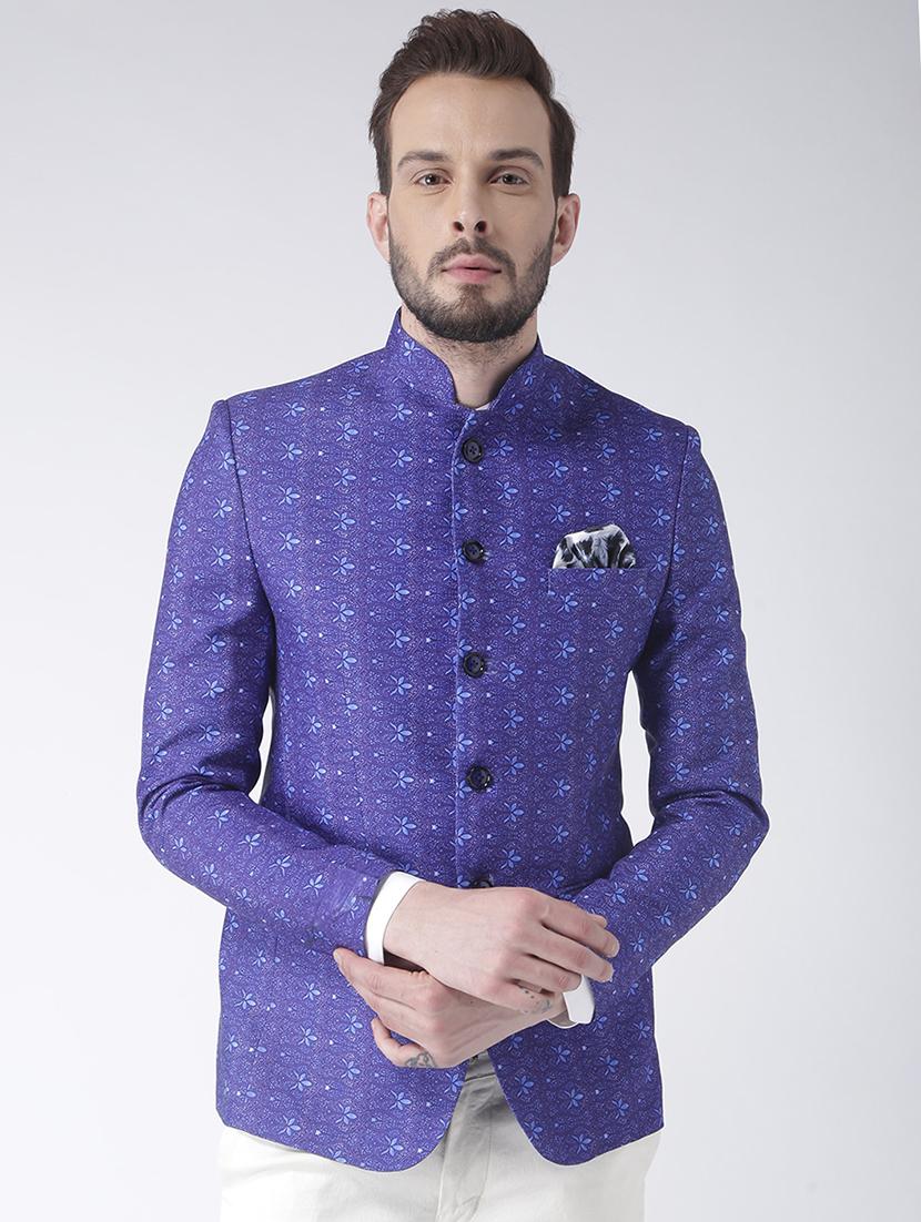 blue printed bandhgala casual blazer - 17425423 -  Zoom Image - 0