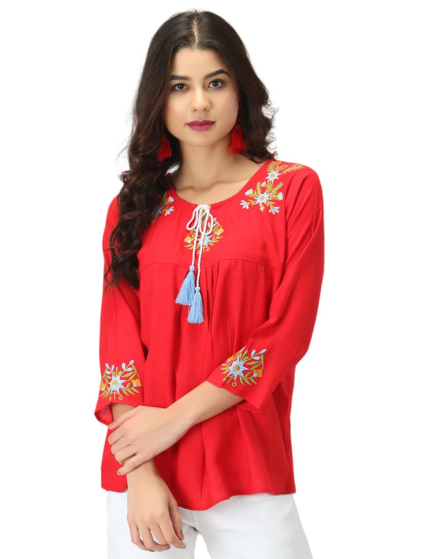 tie up neck embroidered top - 17426602 - Zoom Image - 0