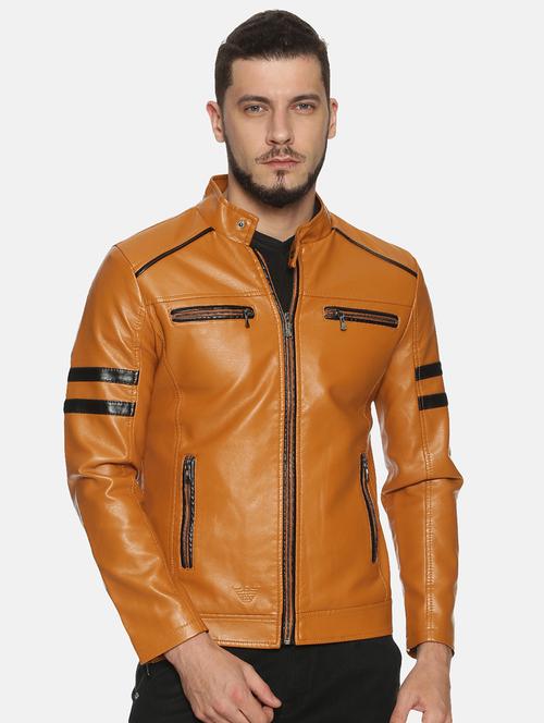 tan taped pu biker jacket - 17427154 - Standard Image - 0