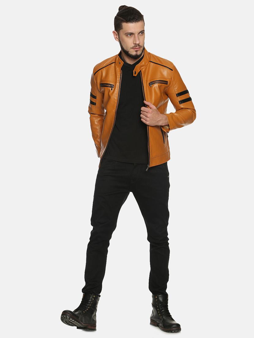 tan taped pu biker jacket - 17427154 - Standard Image - 3