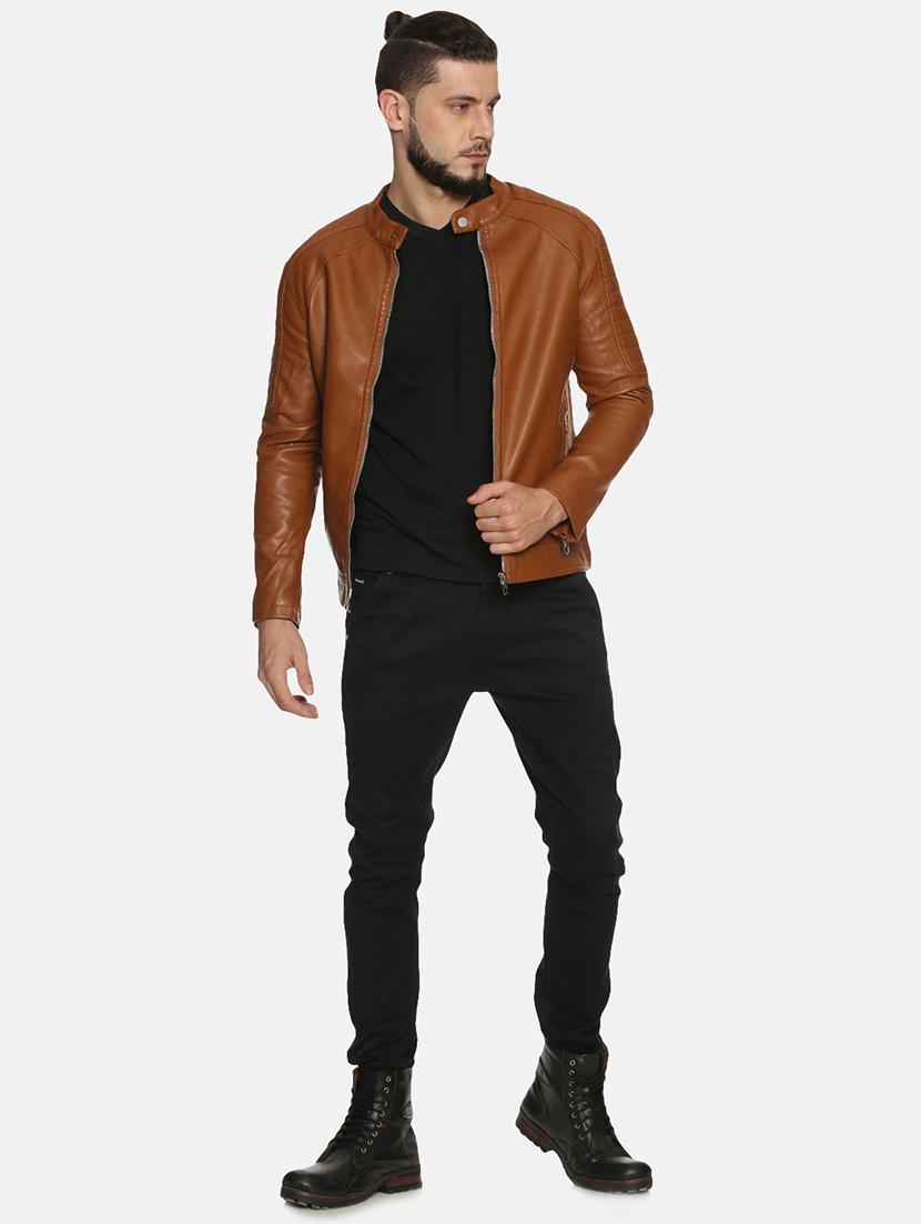 brown solid pu biker jacket - 17427160 - Standard Image - 3