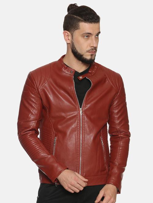 maroon solid pu biker jacket - 17427162 -  Standard Image - 0