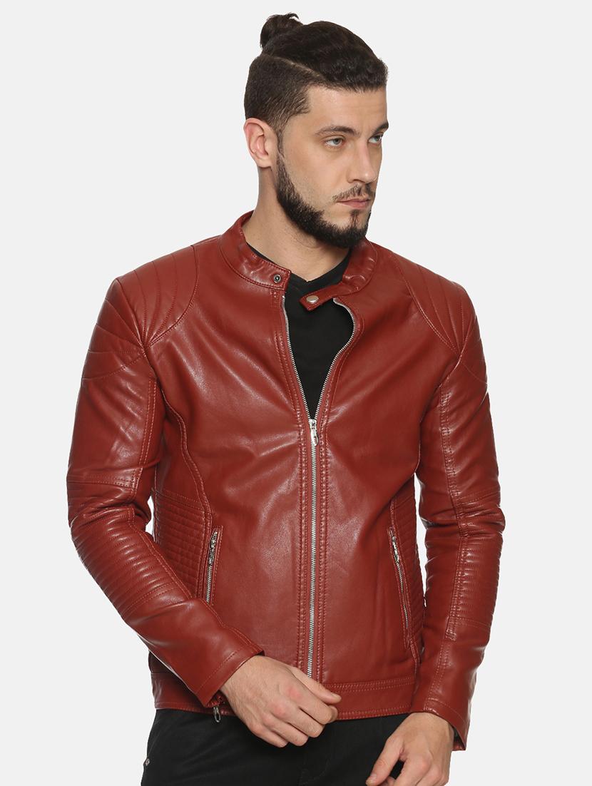 maroon solid pu biker jacket - 17427162 -  Zoom Image - 0