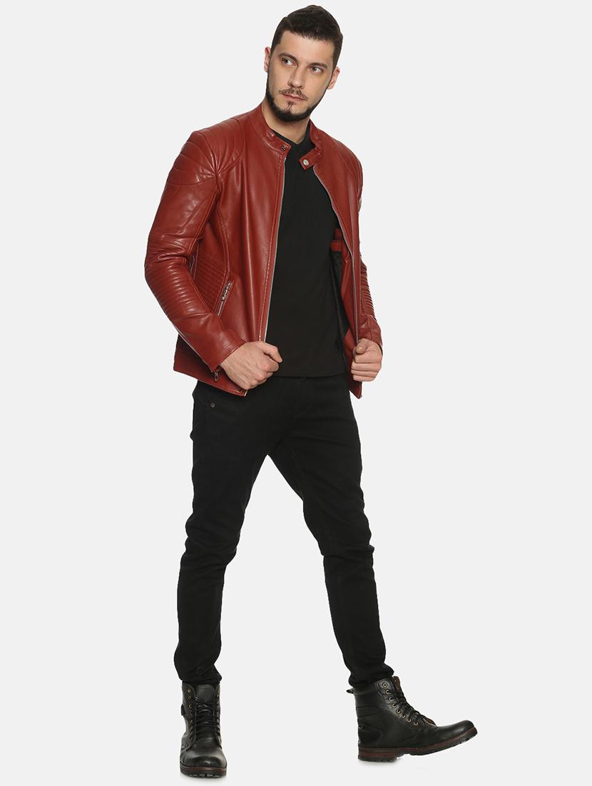 maroon solid pu biker jacket - 17427162 - Standard Image - 3