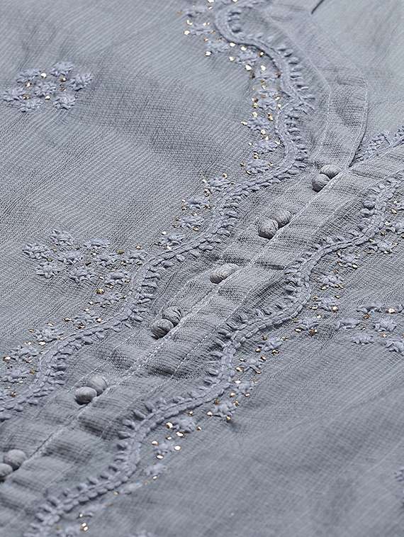 ada hand embroidered grey kota straight kurta and slip with muqaish work - 17428063 -  Standard Image - 3
