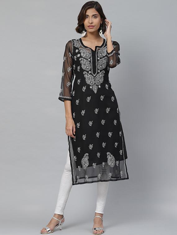 ada hand-embroidered black georgette chikankari straight kurta - 17428067 - Zoom Image - 0