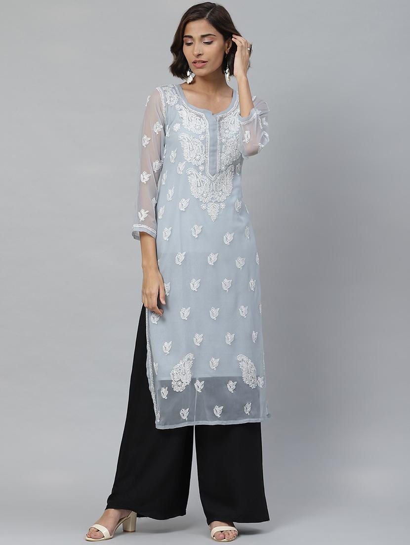 georgette grey lucknowi chikankari kurta - 17428069 -  Zoom Image - 0