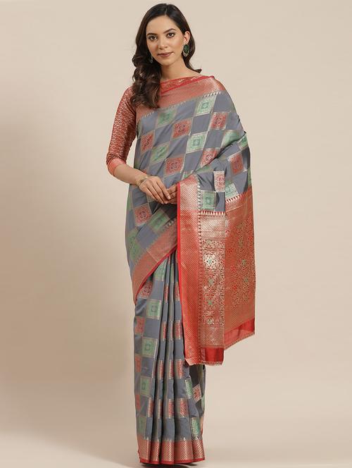 women's self design steel colored saree with blouse - 17428340 - Standard Image - 0