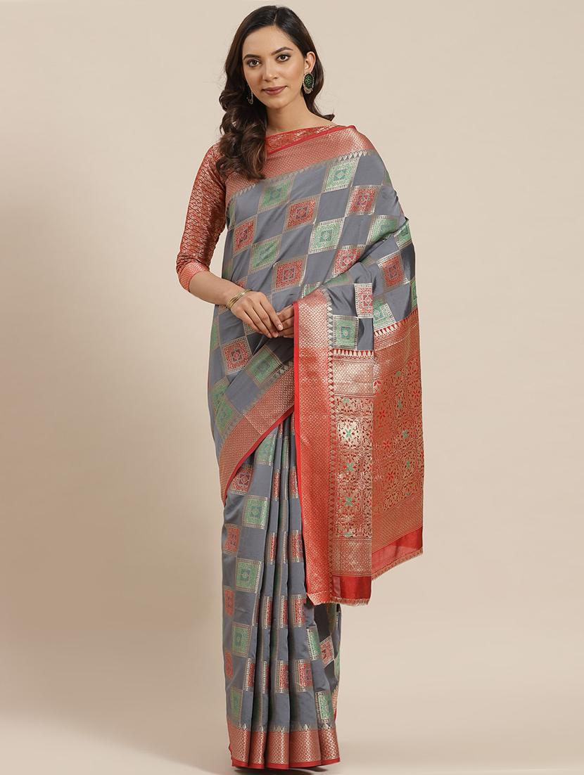 women's self design steel colored saree with blouse - 17428340 - Zoom Image - 0