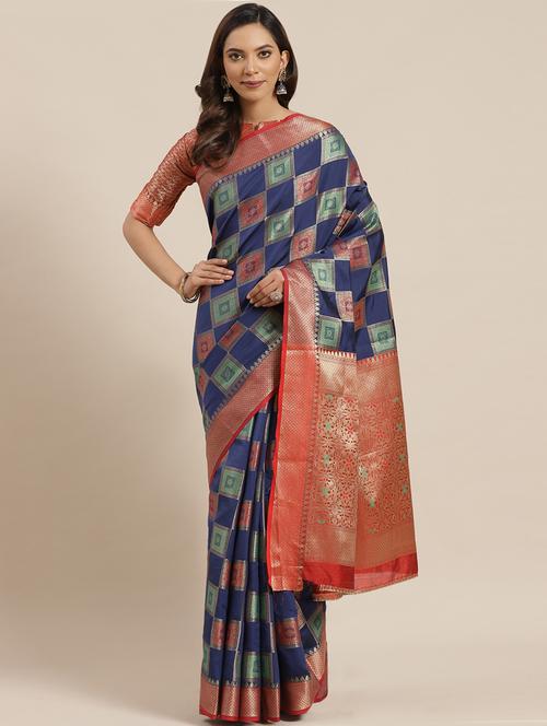 navy silk blend banarasi saree with blouse - 17428342 -  Standard Image - 0