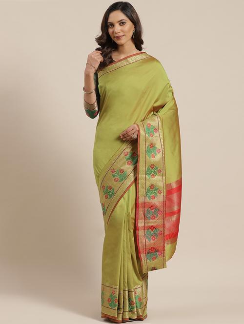 olive. silk blend banarasi saree with blouse - 17428356 - Standard Image - 0