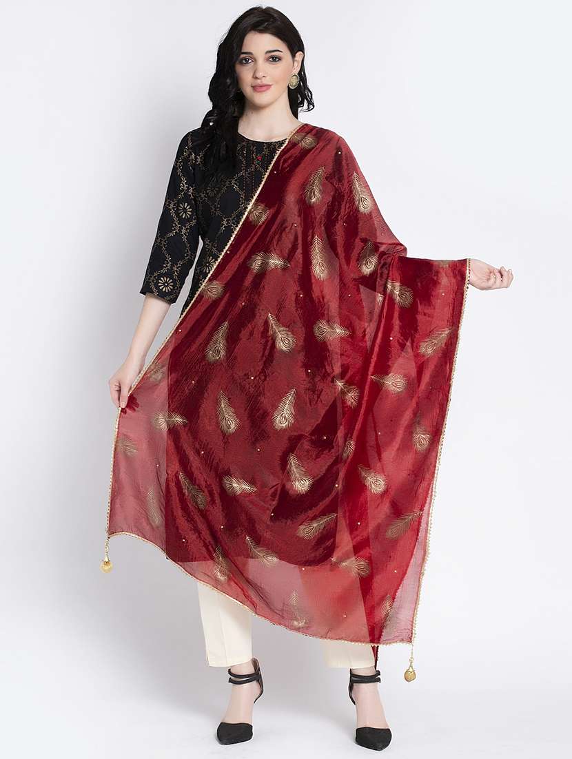 maroon printed gota work dupatta