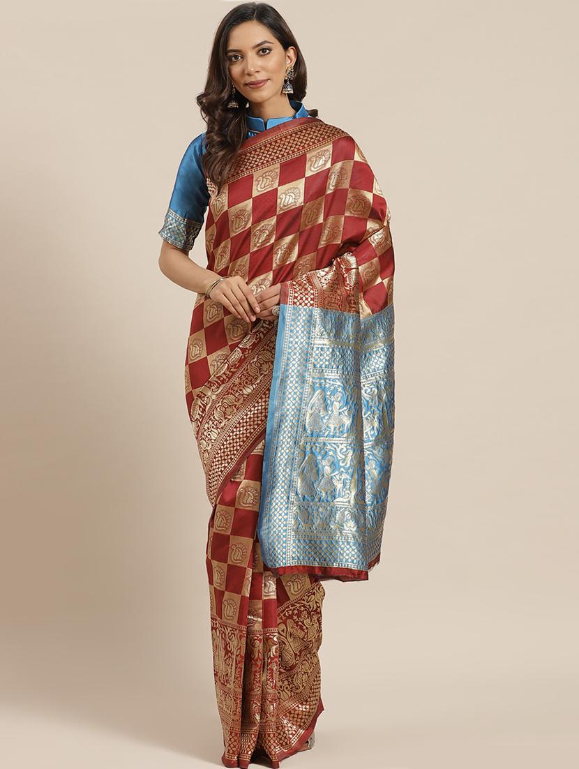 maroon art silk banarasi saree with blouse - 17428991 - Zoom Image - 0