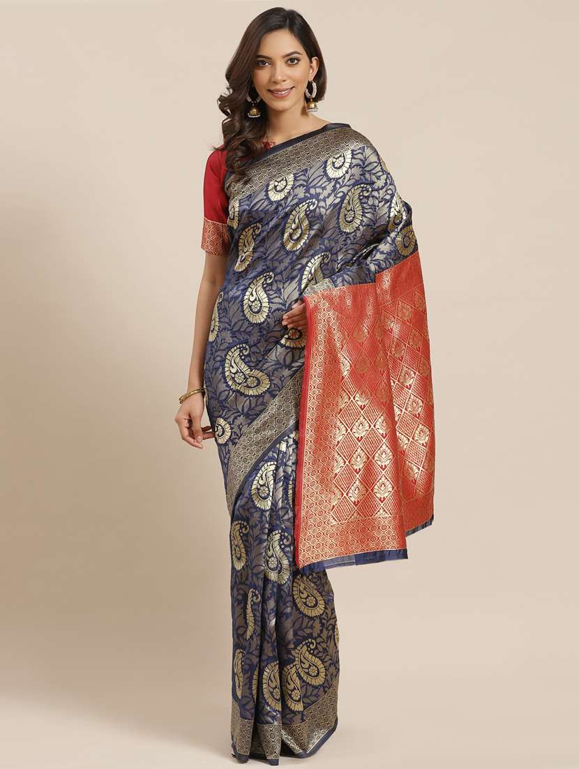 navy art silk banarasi saree with blouse - 17428992 -  Zoom Image - 0