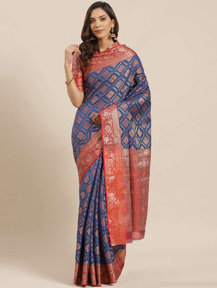 navy silk blend banarasi saree with blouse - 17429002 - Zoom Image - 0