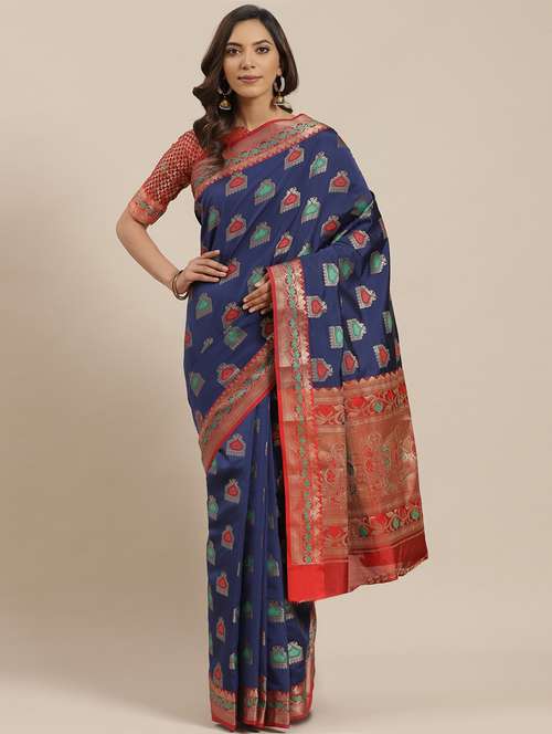 women's self design navy blue colored saree with blouse - 17429271 - Standard Image - 0