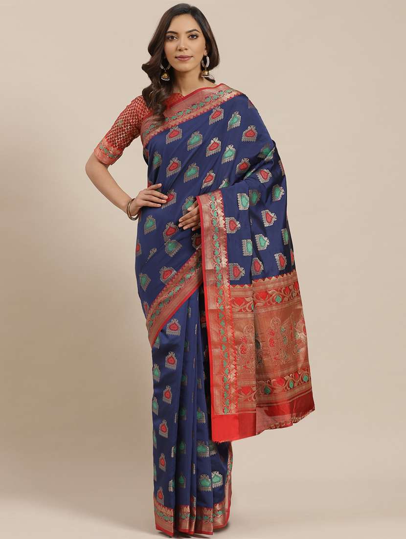 women's self design navy blue colored saree with blouse - 17429271 - Zoom Image - 0