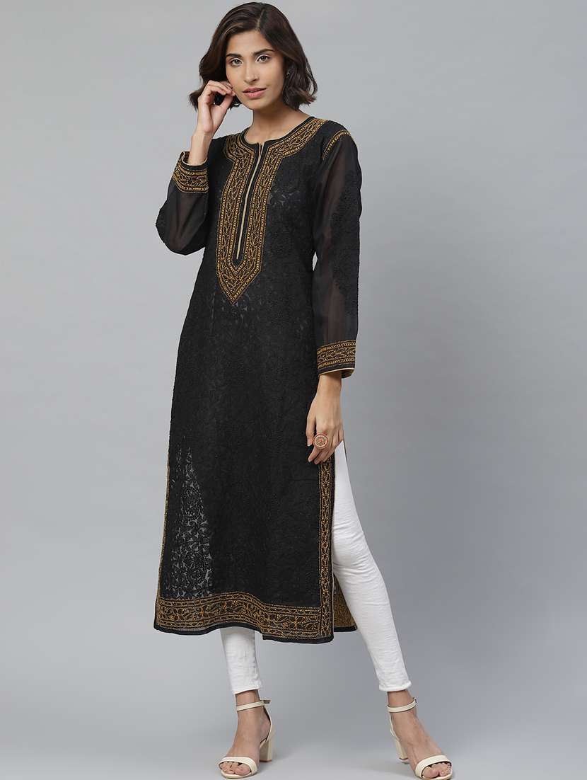 ada hand embroidered black cotton chikankari kurta - 17429342 -  Zoom Image - 0