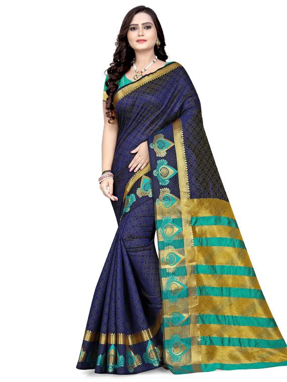 navy cotton silk printed saree with blouse - 17430040 - Zoom Image - 0