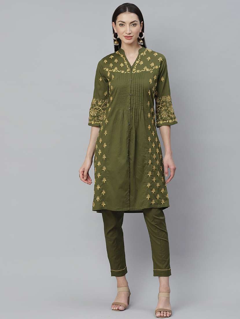 olive cotton kurta pant set - 17430479 - Zoom Image - 0