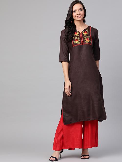 brown embroidered detail straight kurta - 17432528 -  Standard Image - 0