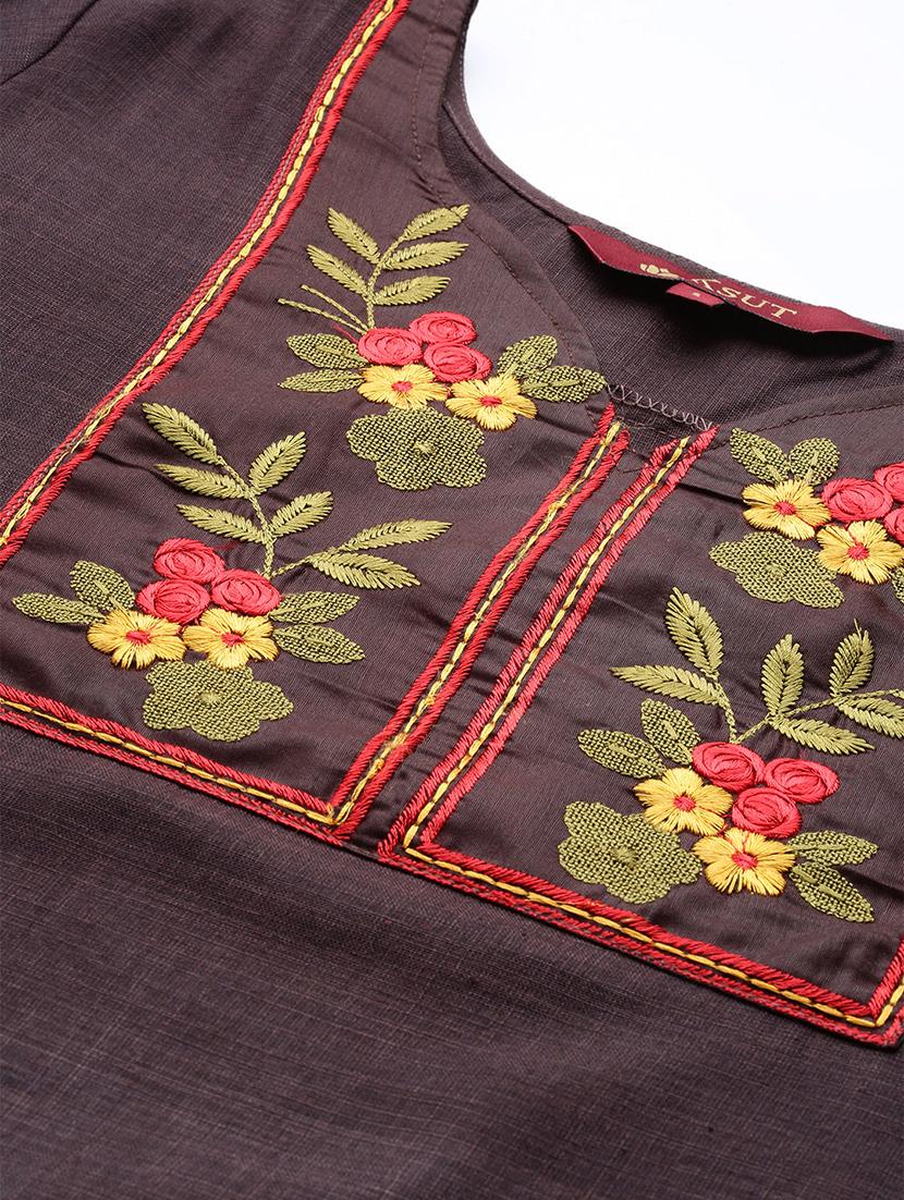 brown embroidered detail straight kurta - 17432528 - Standard Image - 3
