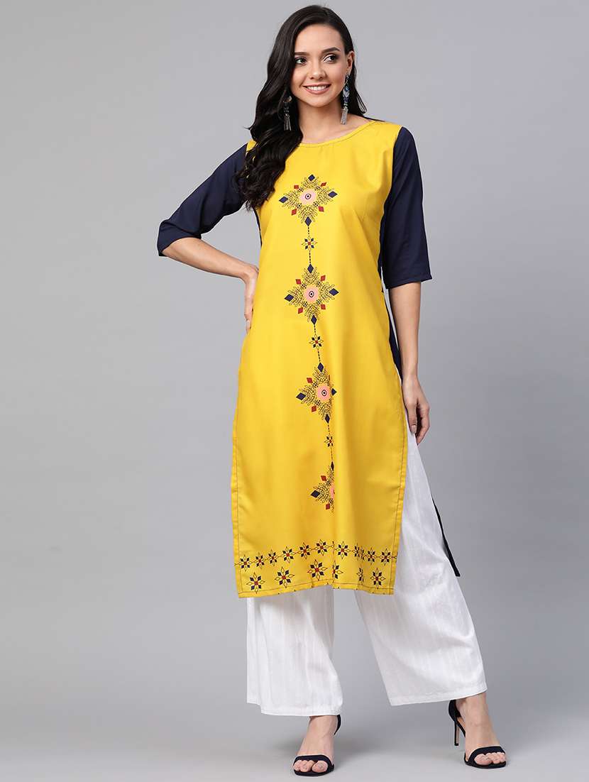 yellow printed straight kurta - 17432537 -  Zoom Image - 0
