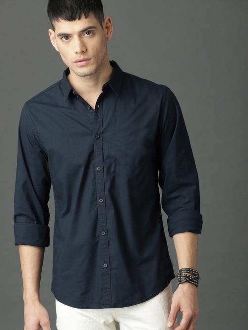 navy blue solid casual shirt - 17433042 -  Standard Image - 0