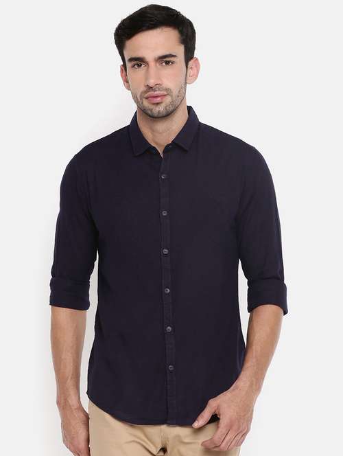 navy blue solid casual shirt - 17433045 - Standard Image - 0