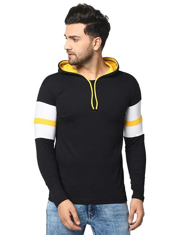 black color block cut & sew hooded t-shirt