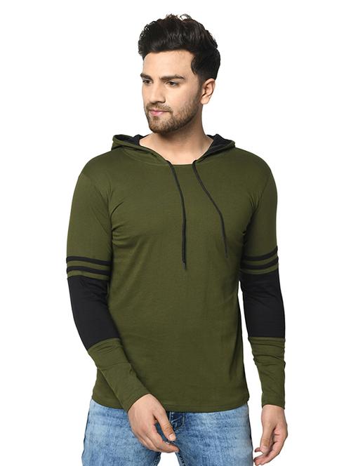 olive green color block cut & sew hooded t-shirt - 17436883 -  Standard Image - 0