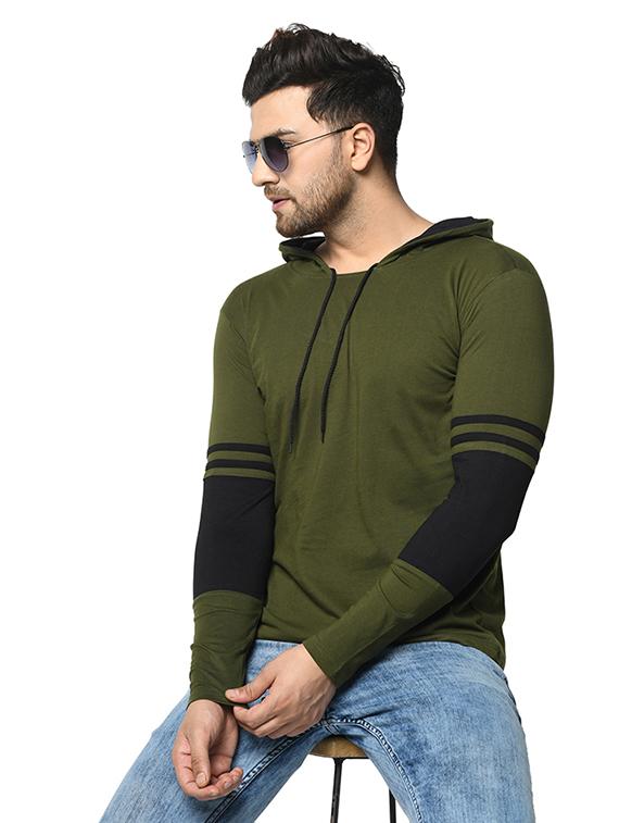 olive green color block cut & sew hooded t-shirt - 17436883 - Standard Image - 3