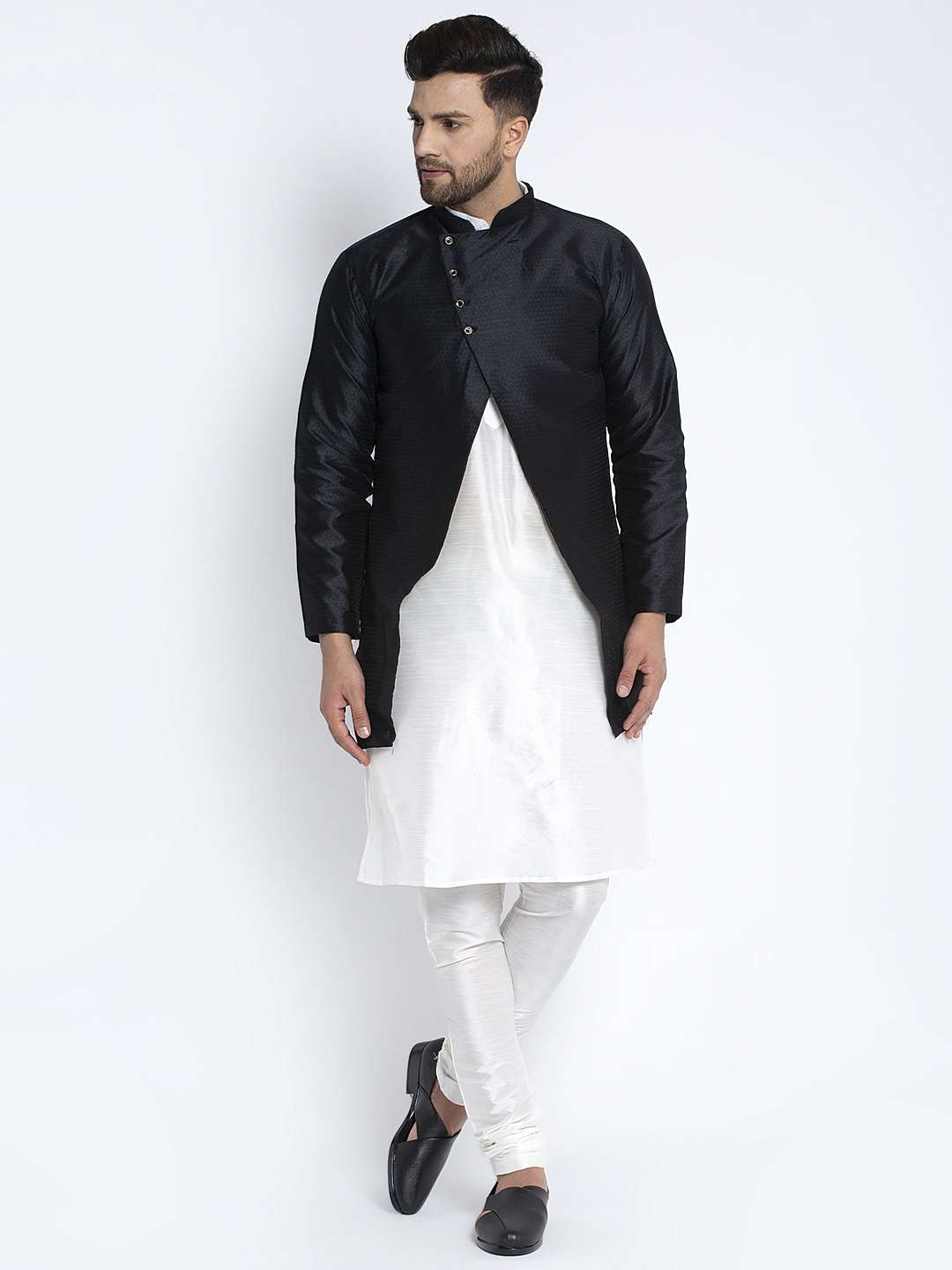 white solid pure silk kurta pyjama set with black jacquard ethnic jacket - 17442563 -  Zoom Image - 0