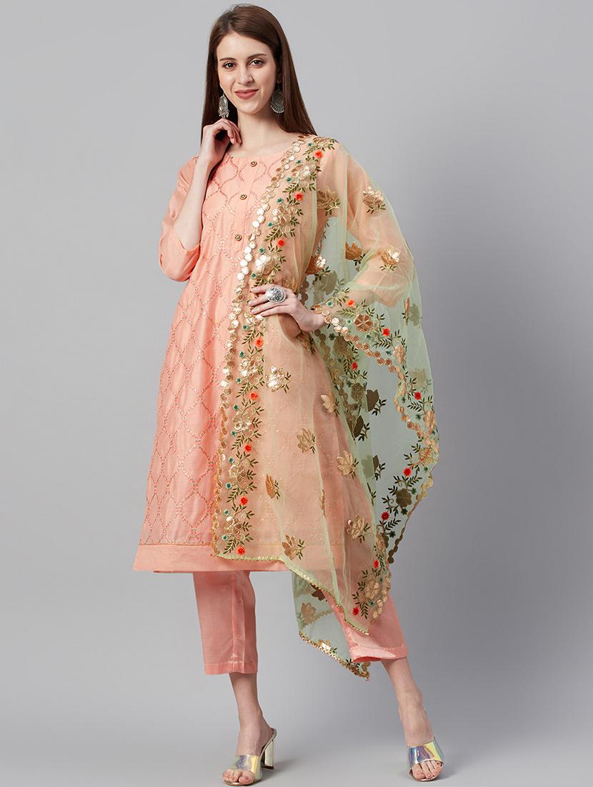 peach art silk unstitched suit - 17443239 -  Zoom Image - 0