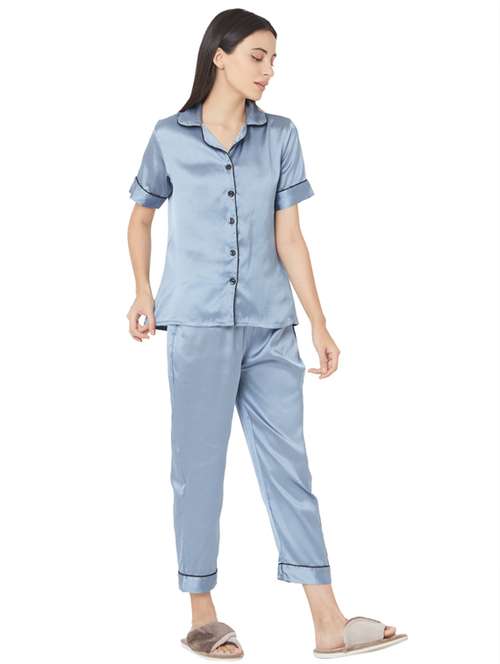 blue satin pyjama nightwear set - 17449799 -  Standard Image - 0